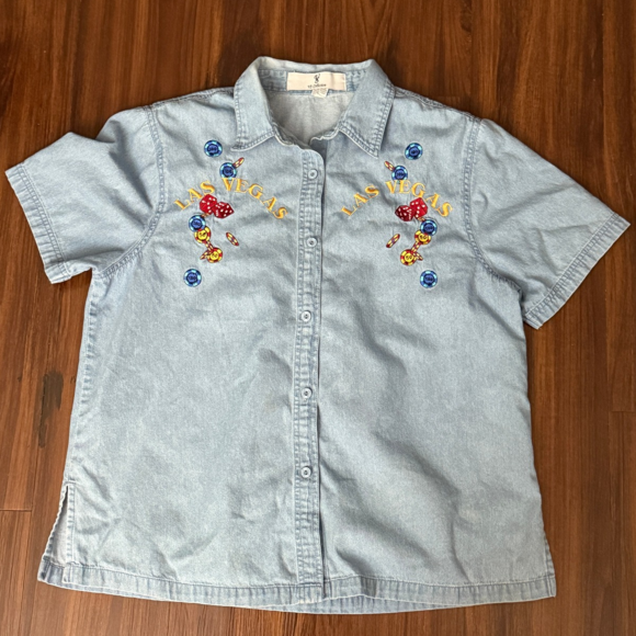 VS Collection Las Vegas‎ Embroidered Denim Shirt Short Sleeve Button Up L - Picture 1 of 4
